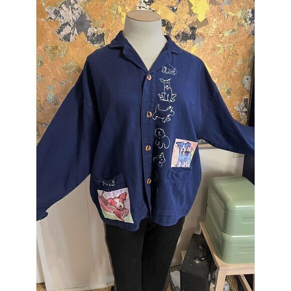 Art to Wear Womens L/XL Hand Painted by Taylor 100% Cotton Jacket Blue Dog Theme - Picture 1 of 15